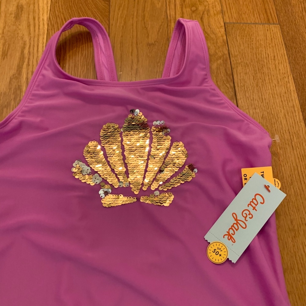 Girl's Cat & Jack Purple Sequined, Swim Suit, Size XL (14-16) - Picture 2 of 4